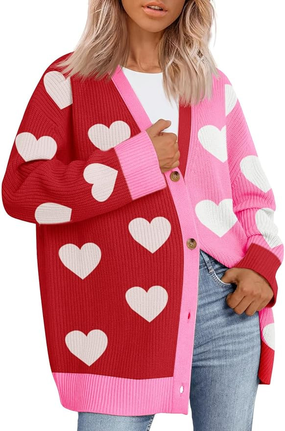 Saodimallsu Womens Heart Cardigan Sweaters Valentines Oversized Winter Color Block Button Up Cute... | Amazon (US)