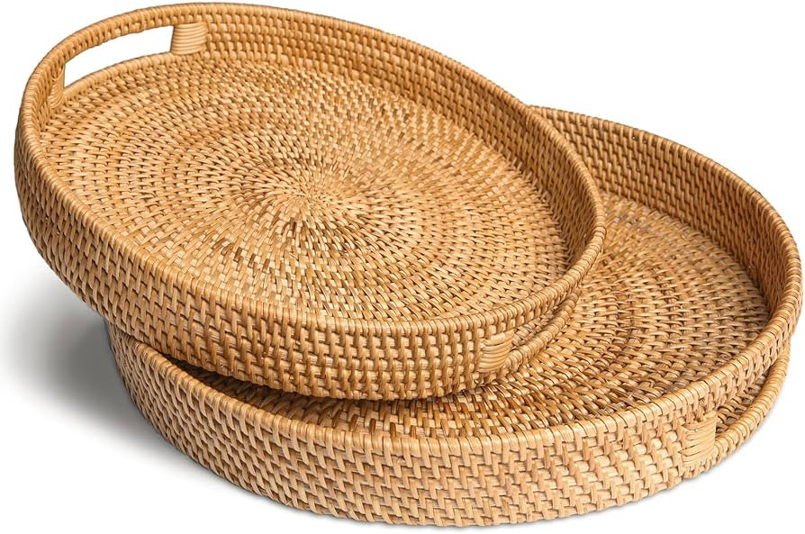 HITOMEN Hand-Woven Round Rattan Serving Tray Decorative Ottoman Wicker Platter with Handles for C... | Amazon (US)