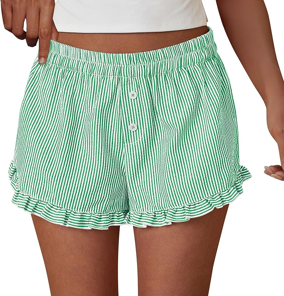 PRETTYGARDEN Womens Boxer Shorts Y2K Ruffle Pajama 2026 Summer Spring Lounge Sleep Striped Casual... | Amazon (US)