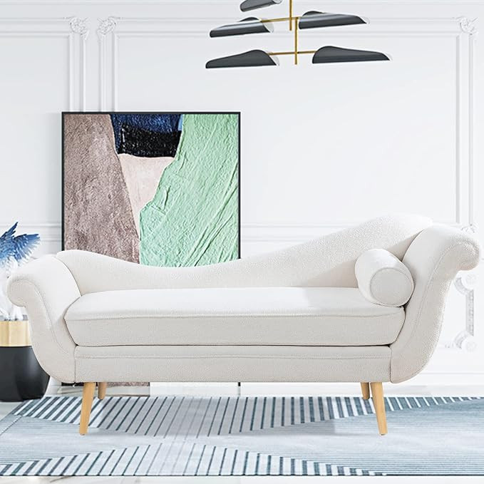 Chaise Lounge Indoor White Velvet 71'' with Scroll Arms Wave Back Lounge Chair Fainting Couch Com... | Amazon (US)