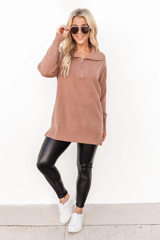 Pulling Heartstrings Camel Quarter Zip Pullover | Pink Lily