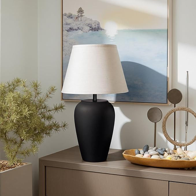 Ceramic Pot Table Lamp 21.25 inch Compact Frosted Nightstand Lamp, Tapered Fabric Shade Bedside, ... | Amazon (US)