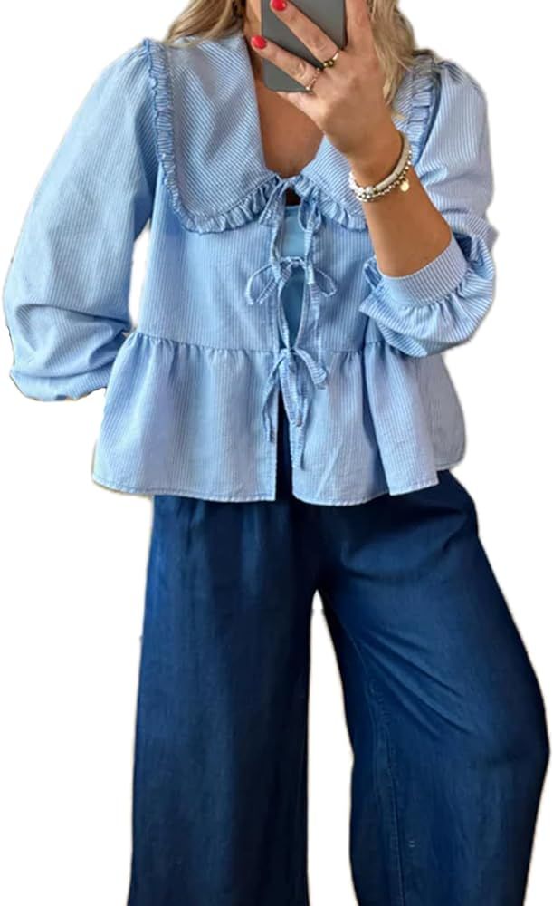 Women Puff Sleeve Peplum Shirts Tie Front Ruffle Babydoll Blouse Tops Teen Girls Lace up Cute Ove... | Amazon (US)