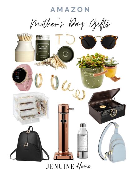 Mother’s Day gifts. Last minute gifts. Amazon products. Mother and baby pot. Gold helix earring. Turquoise earring. Record player with Bluetooth and cd player. Strap purse. Soda carbonation maker. Jewellery box. Pink fitness watch. Pretty match. Candle things. Modern jewellery  