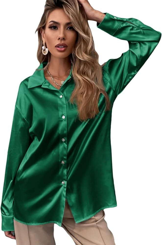 SheIn Women's Satin Long Sleeve Drop Shoulder Button Front Blouse Shirt Tops | Amazon (US)