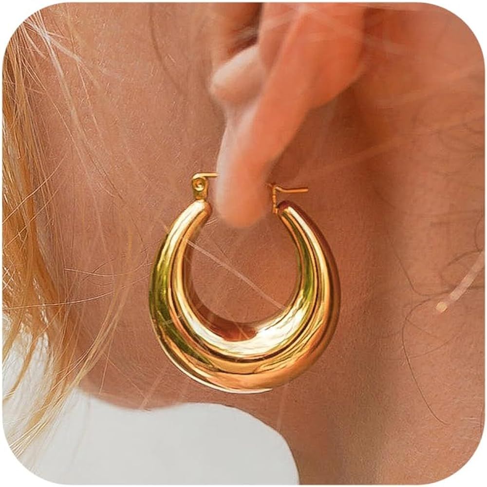 Tewiky Chunky Gold Earrings for Women, 14k Plated Small Hoop Hypoallergenic Oval Women Trendy Fas... | Amazon (US)