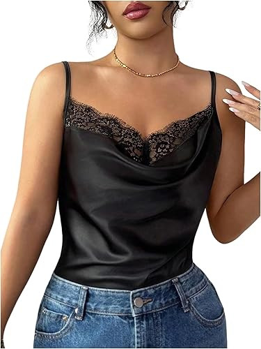 MakeMeChic Women's Satin Silk Lace Camisole Top Draped Front Spaghetti Strap Sleeveless Cami Top | Amazon (US)