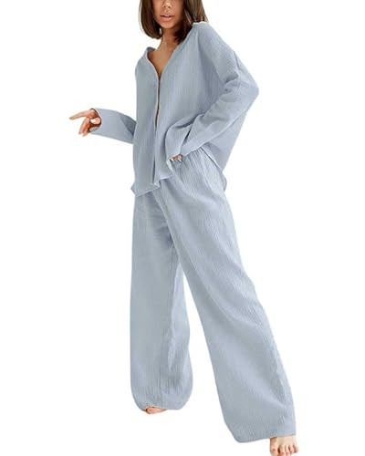 codcm Womens Cotton Gauze Loungewear Sets Casual 2 Piece Sleepwear Button Down Shirt and Wide Leg Pants Outfits(Gray,Large) | Amazon (US)