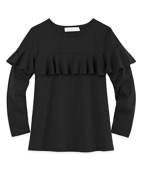 Basics by Sunshine Swing Girls' Tee Shirts black - Black Ruffle-Accent Long-Sleeve Crewneck Tee - Gi | Zulily