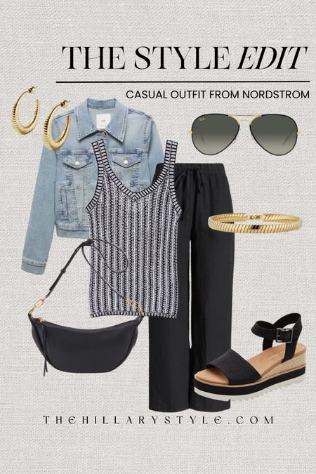 The Style Edit: Casual Outfit From Nordstrom. Casual Spring/summer outfit perfect for errands, shopping, brunch and casual summer events. Linen pants, straight leg pants, sweater tank, striped tank, black and white tank, cropped denim jacket, platform sandal, crossbody bag, crescent bag, gold bracelet, gold textured hoop earrings, aviator sunglasses. Spring outfit, summer outfit, casual outfit, black pants outfit, black and white outfit, OOTD. Max Mara, Caslon, Mango, BaubleBar, Ray-Ban, TOMS, HOBO, Nadri

#LTKover40 #LTKSeasonal #LTKstyletip
