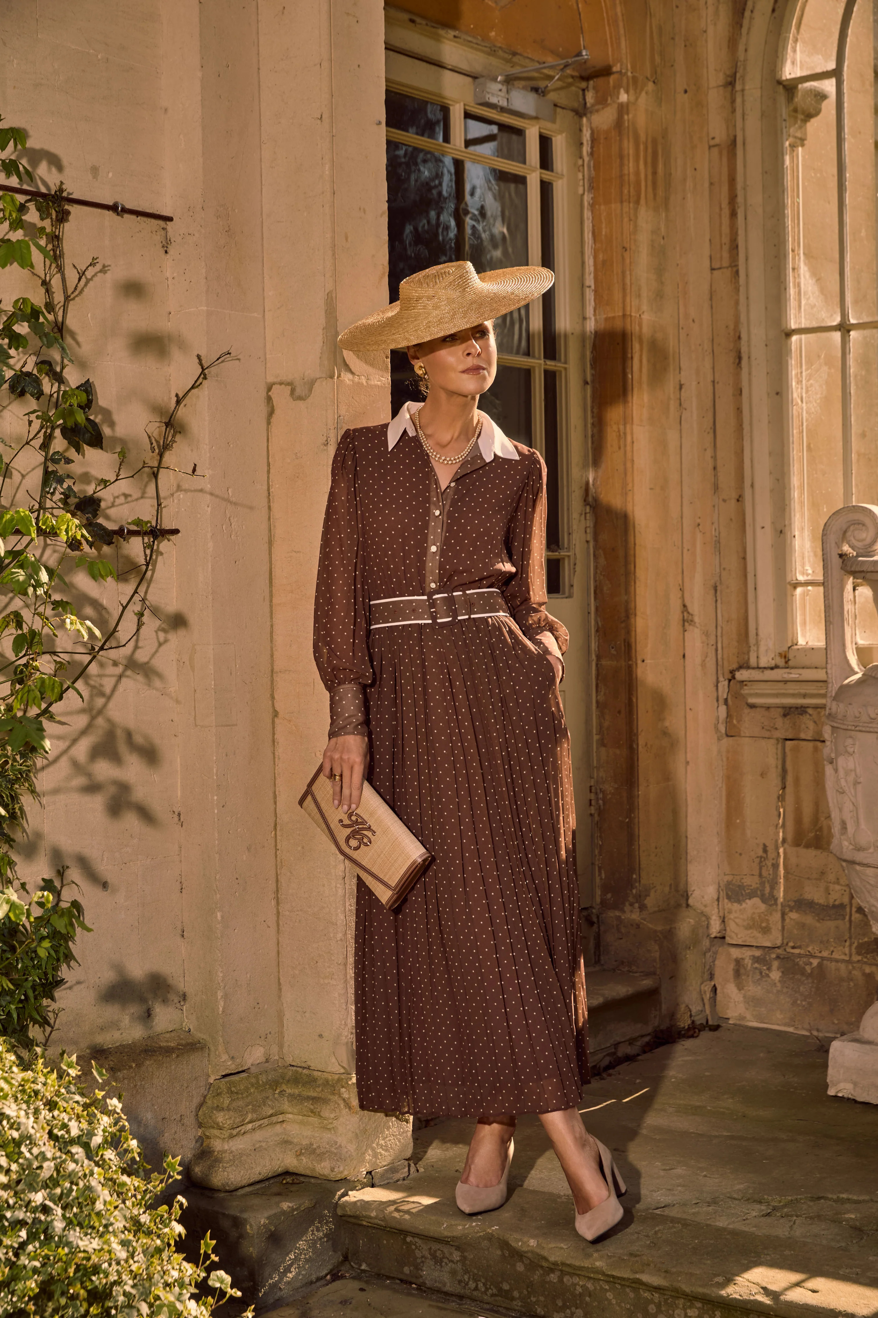 Annabel Pleated Maxi Dress (Chestnut Polka Dot) | Holland Cooper