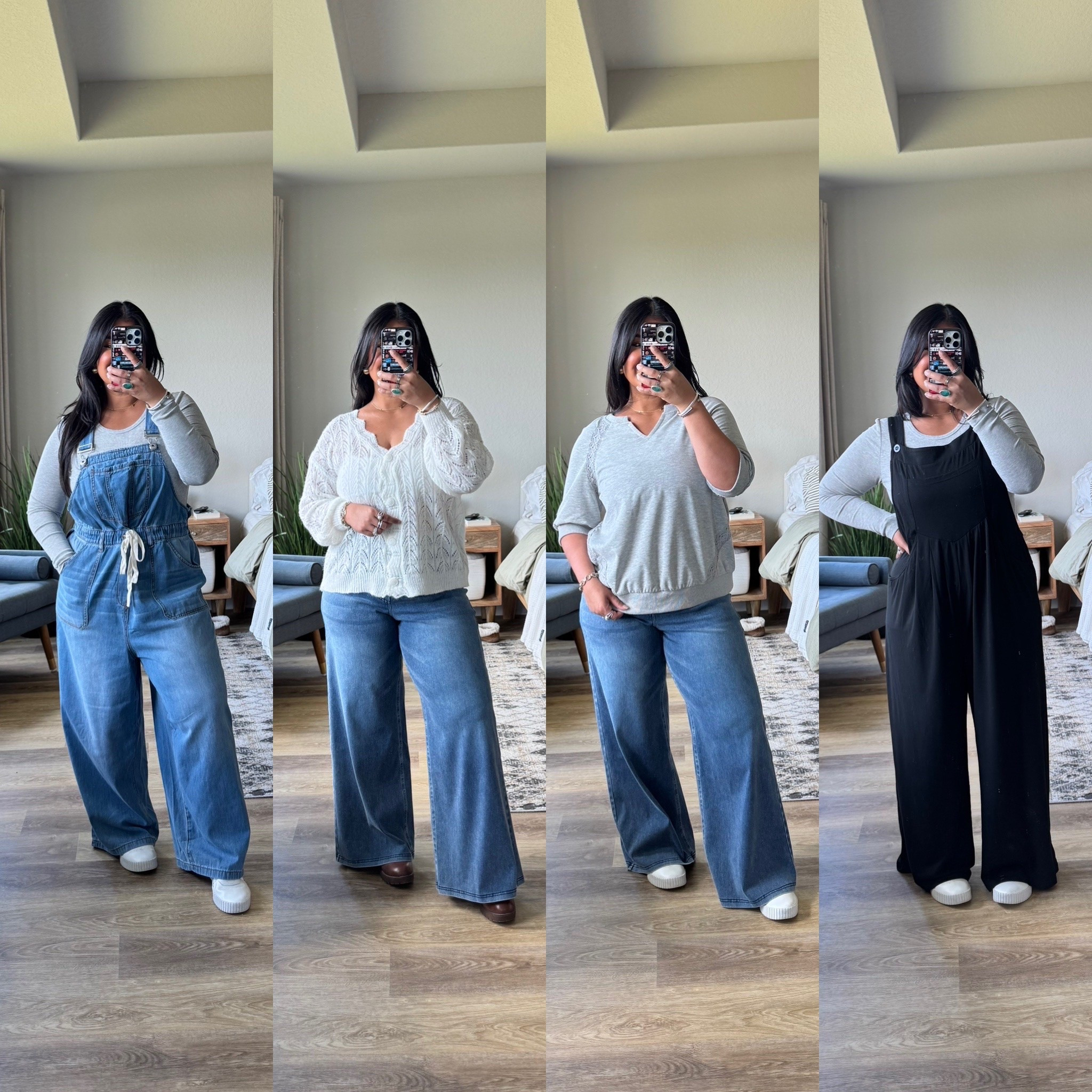 I’m 5’1” size 12 large // All outfits from BloomChic (sizes 10-30). discount code: KRISTLE15KOL // wearing a 12 in the denim overalls (these do run big so you could even size down) // size 12 in the jeans, these are true to size // size 10 (M) in both sweaters // size 10 in the black jumper, size down in this, it runs big!

#LTKPetite #LTKMidsize #LTKOver40