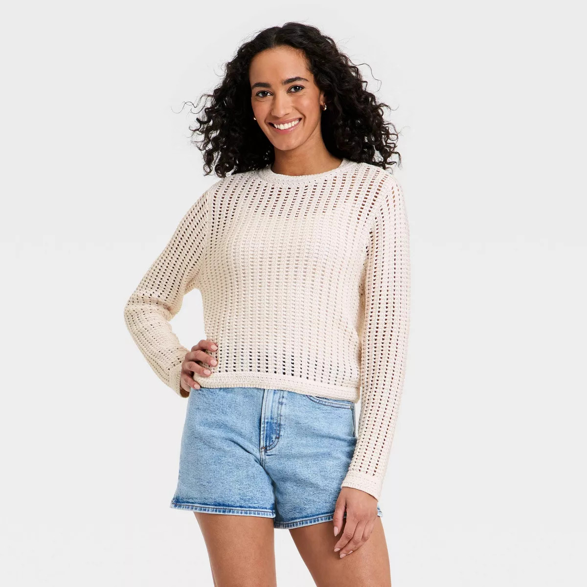 Women's Crochet Openwork Crewneck Pullover Sweater - Universal Thread™ Cream S | Target