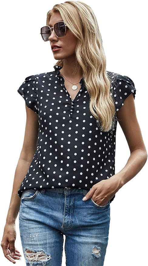 Milumia Women's Casual Blouse Polka Dots Petal Sleeve Frilled V Neck Tops Shirt | Amazon (US)