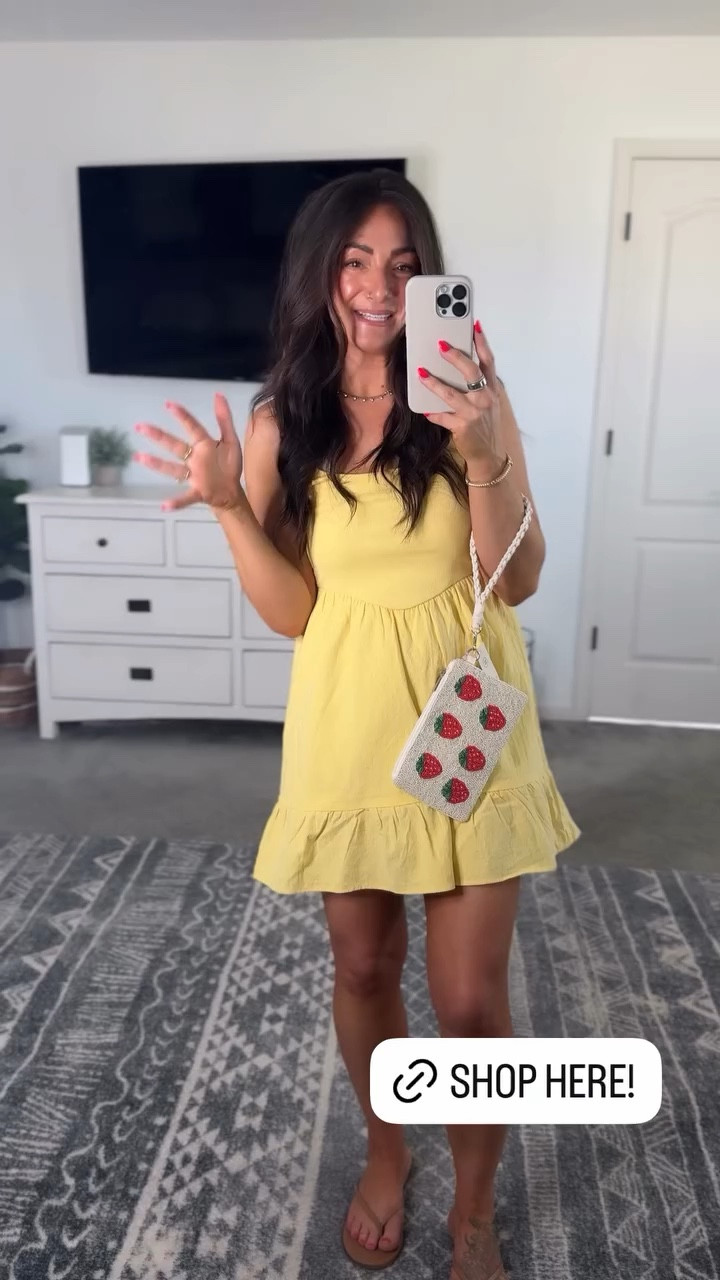 Cutest little summer dress. Love the yellow! I sized down, but my true size would have been good too. Has a smocked back and it’s regular bra friendly 👌 Beaded wristlets and purses are definitely trending and this strawberry option is so cute and way affordable! 

#LTKPetite #LTKSeasonal #LTKootd