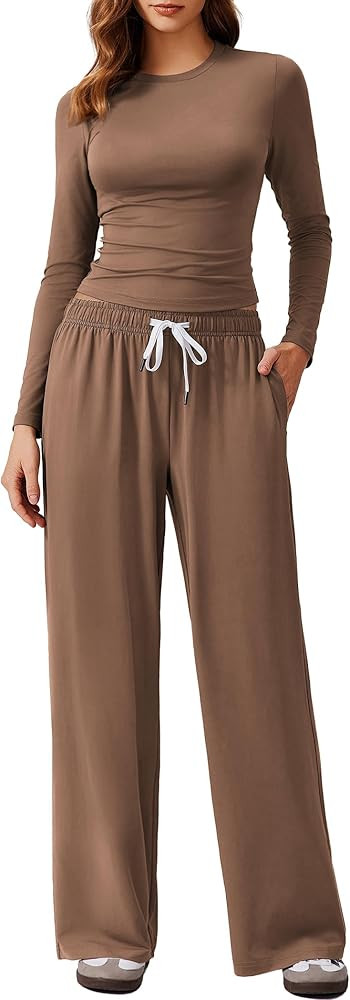 PINSPARK Women 2 Piece Lounge Set Long Sleeve Cropped Top Wide Leg Pants with Pockets 2024 Fall O... | Amazon (US)