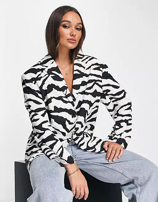 ASOS DESIGN oversized grandad blazer in zebra print | ASOS (Global)