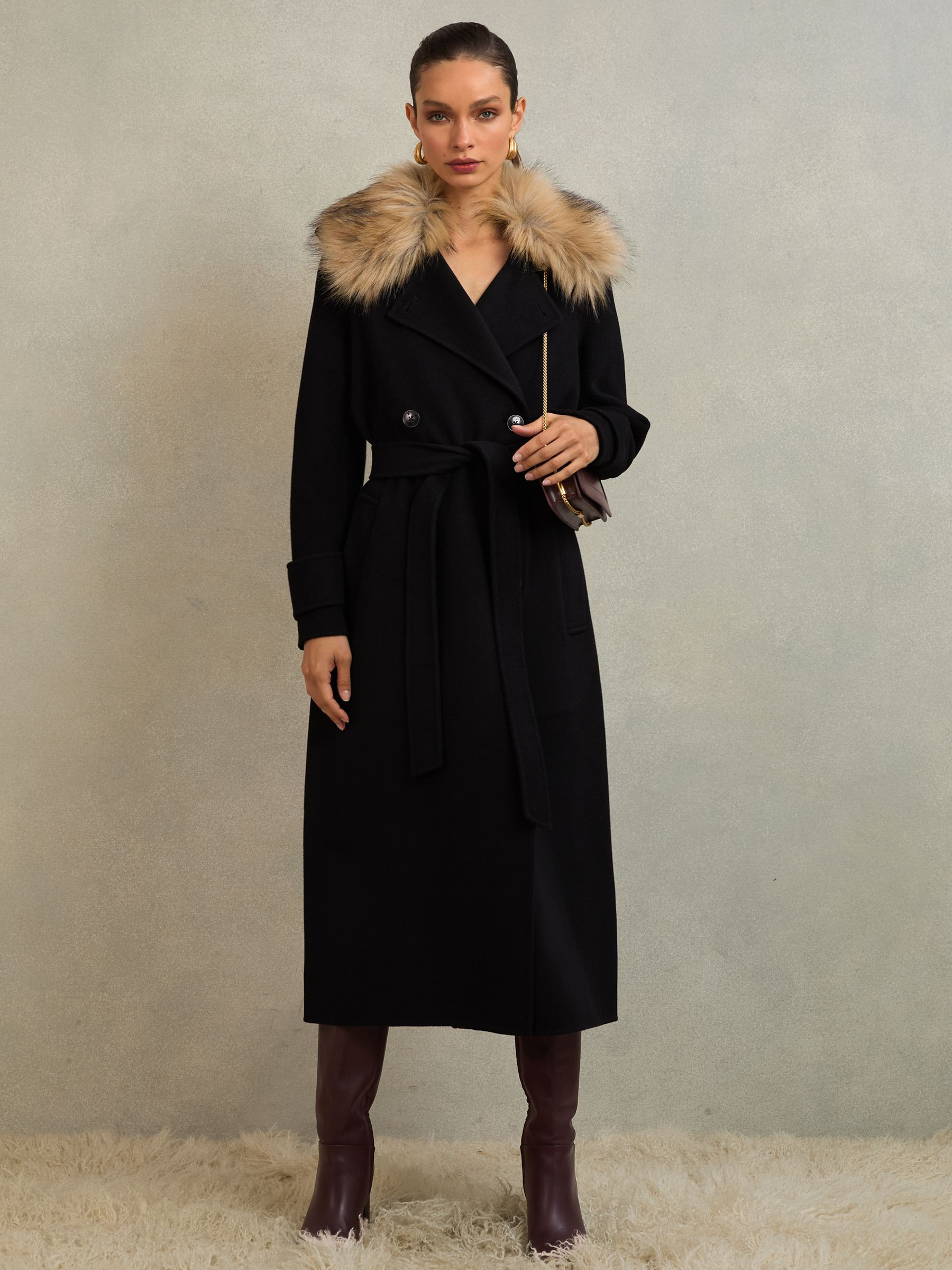 Atelier Wool Faux-Fur Collar Coat in Black | Reiss UK