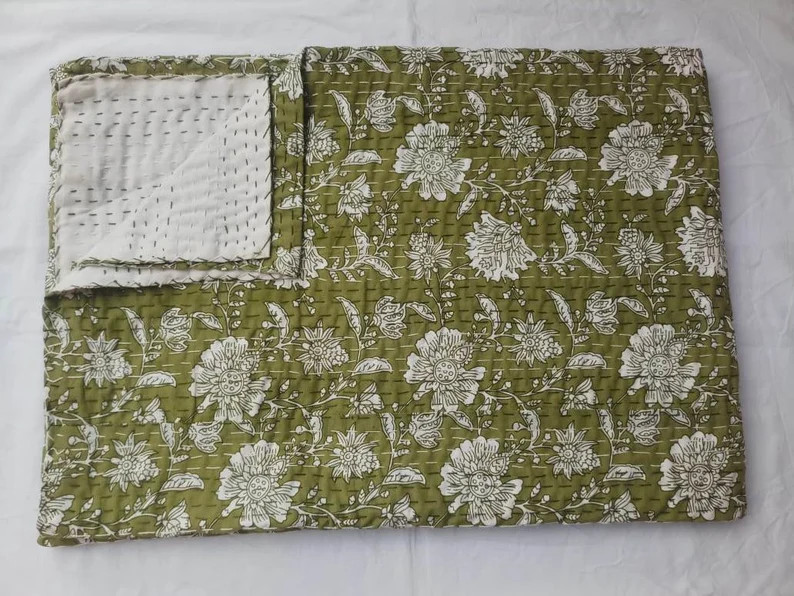 Floral Green Kantha Quilt Indian Queen Kantha Bedding Bedspread Block Print Green Indian Kantha B... | Etsy (US)