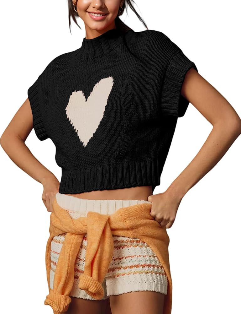 Cap Sleeve Sweater Tank Tops for Women Mock Neck Sweater Vest Cute Heart Knit Cropped Pullover To... | Amazon (US)