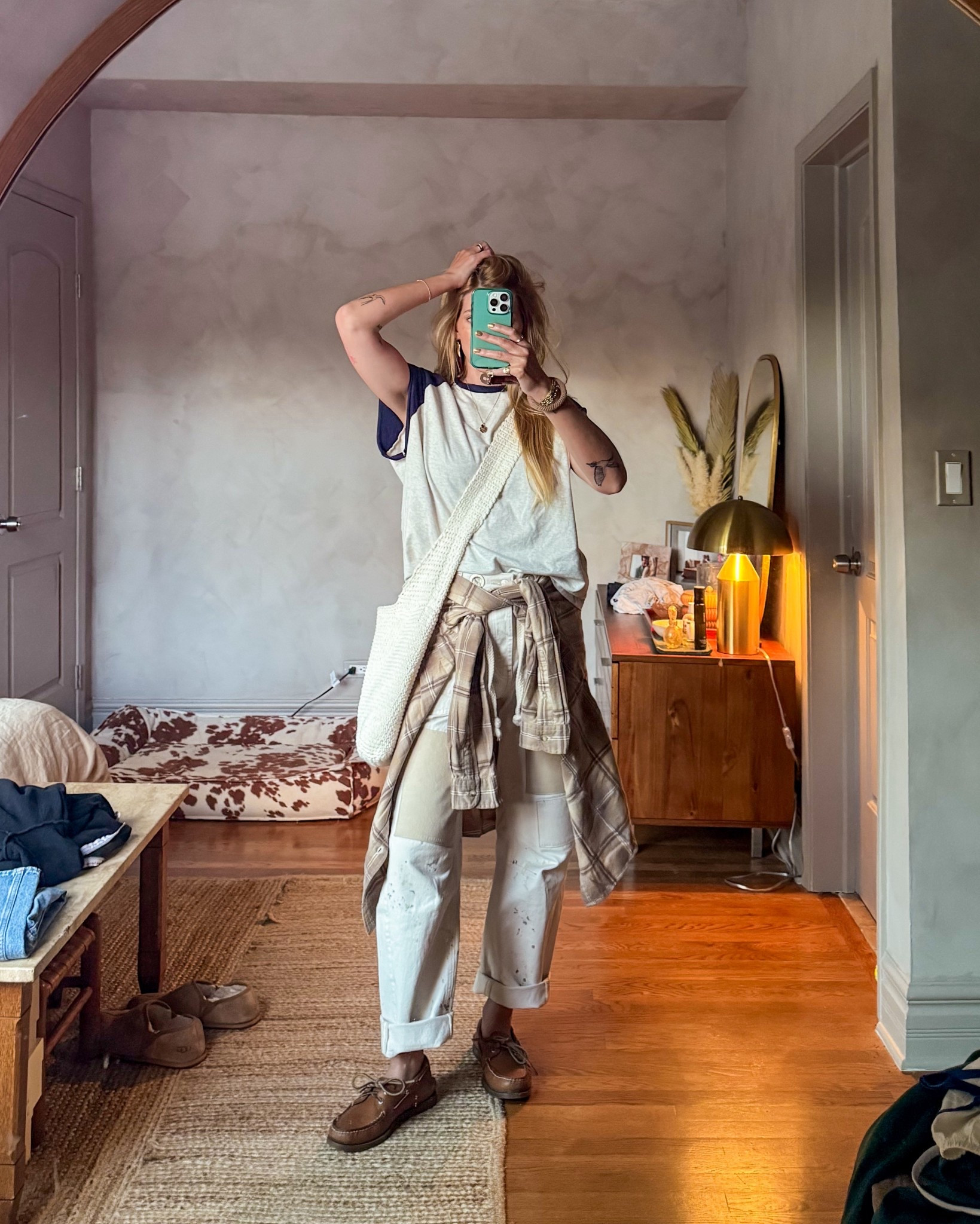 Shirt is from Bronze Snake, flannel is thrifted Ralph Lauren, bag is unbranded thrift find 