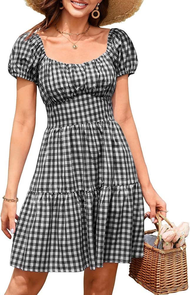 ZAFUL Women's Casual Plaid Mini Dress Scoop Neck Short Puff Sleeve Sundress A-Line Flowy Summer D... | Amazon (US)