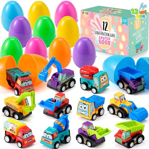 JOYIN 12 Pcs Easter Eggs Filled with Toy Cars, Colorful Prefilled Pull Back Construction Vehicle, and Race Car for Kids Boys Hunt, Basket Stuffers, Party Favors, Classroom Prize | Amazon (US)
