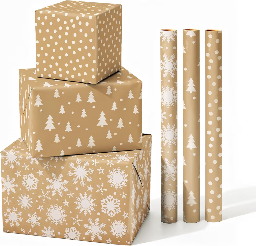 Neloheac White and Brown Recyclable Kraft Christmas Wrapping Paper Roll, Designed with White Tree... | Amazon (US)
