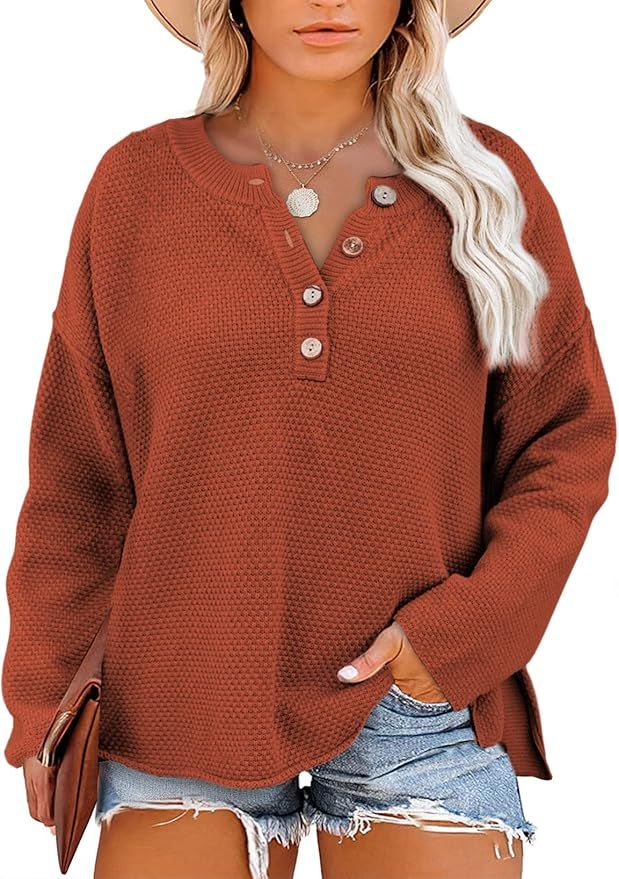 Eytino Womens Plus Size Sweaters Casual Long Sleeve Loose V Neck Button Henley Tops Pullover Knit... | Amazon (US)