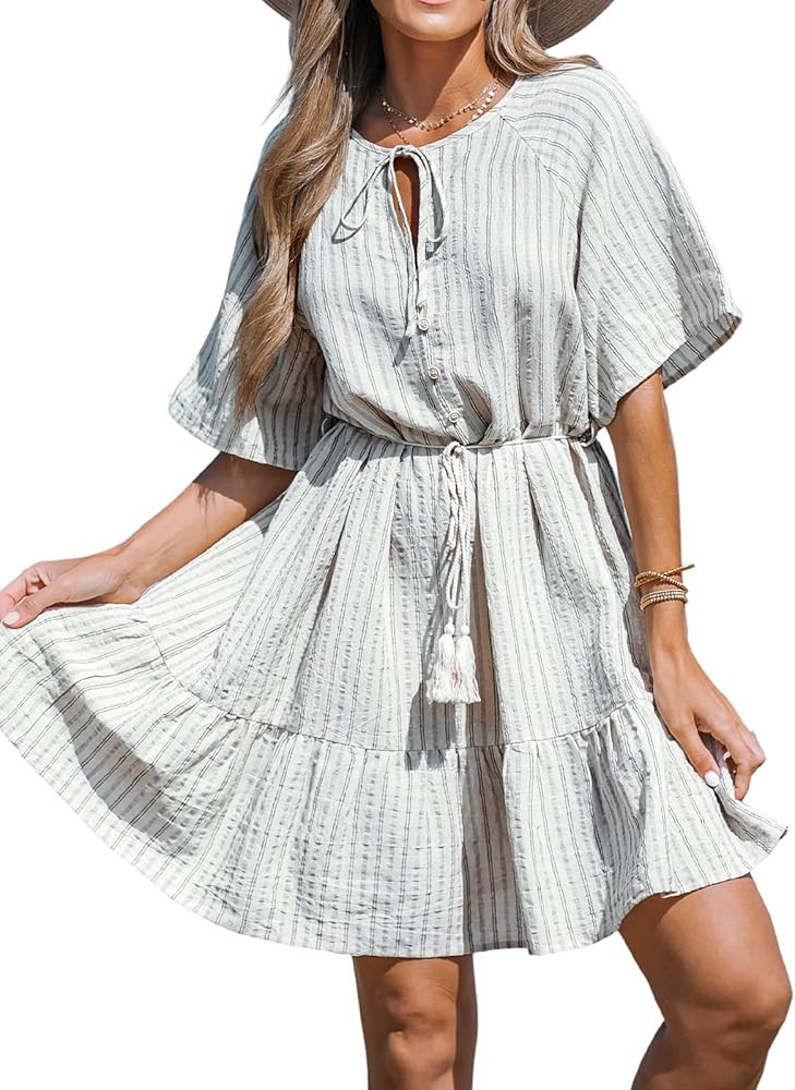CUPSHE Women's Split Neck Striped Self Tie Short Dress Short Sleeve Ruffled Mini Formal Dress | Amazon (US)