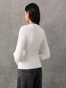 Poéselle Women's White Elegant Slim Front Button Long Sleeve Knit Cardigan Sweater,Simple Casual... | SHEIN