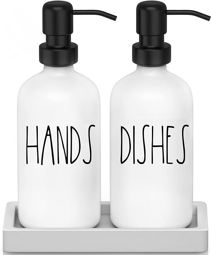 White Glass Kitchen Soap Dispenser Set with Tray by Brighter Barns - Hand and Dish Soap Dispenser... | Amazon (US)