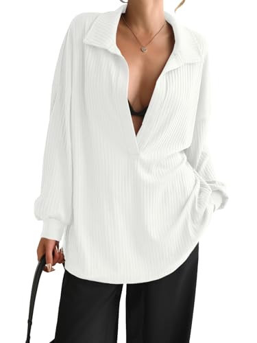 Fisoew Women Oversized Deep V Neck Sweatshirts Casual Collared Long Sleeve Ribbed Knit Pullover Tops White | Amazon (US)
