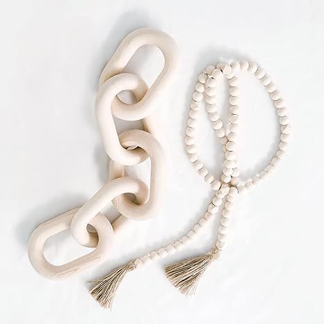 GYHJA Decorative Wood Chain Link Decor Set Hand Carved 5-Link Pine Wood Bead Garland Ornament Boh... | Amazon (US)