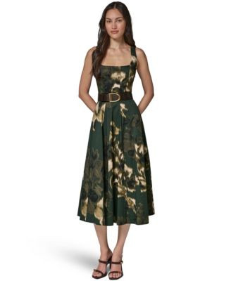Donna Karan New York Women's Printed Square Neck Pleated Fit and Flare Dress with Belt - Black Forrest Multi | Macy's