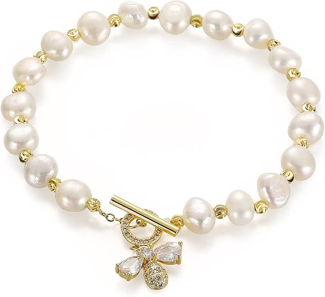 Emibele Frischwasser Perlen Armband, 14K Vergoldet Zirkonia Perlenarmband für Frauen, Damen und ... | Amazon (DE)