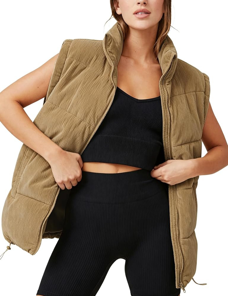 UANEO Women's Corduroy Puffer Vest Zip Up Stand Collar Sleeveless Jacket | Amazon (US)