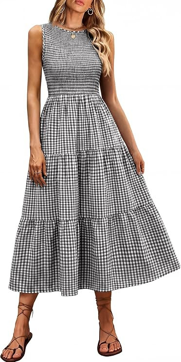 ANRABESS Women's Summer Casual Maxi Dress Sleeveless Crewneck Smocked 2026 Flowy Plaid Tiered Boh... | Amazon (US)