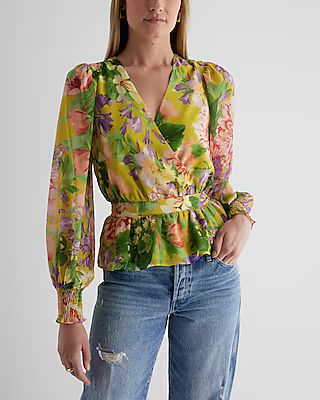 Floral V-Neck Smocked Cuff Peplum Top | Express