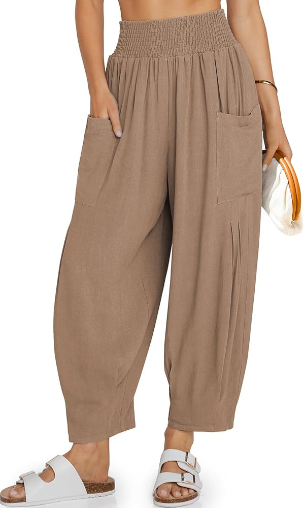 TARSE Women Linen Boho Pants Summer Casual Loose High Waist Cargo Lounge Harem Pant 2025 Beach Tr... | Amazon (US)