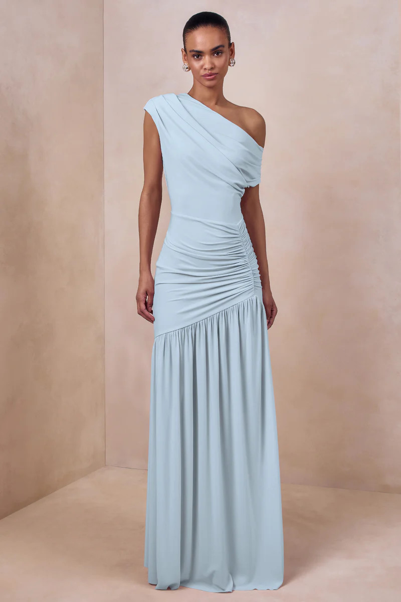 Kady | Powder Blue Asymmetric-Neck Maxi Dress With Ruched Detailing | Club L London