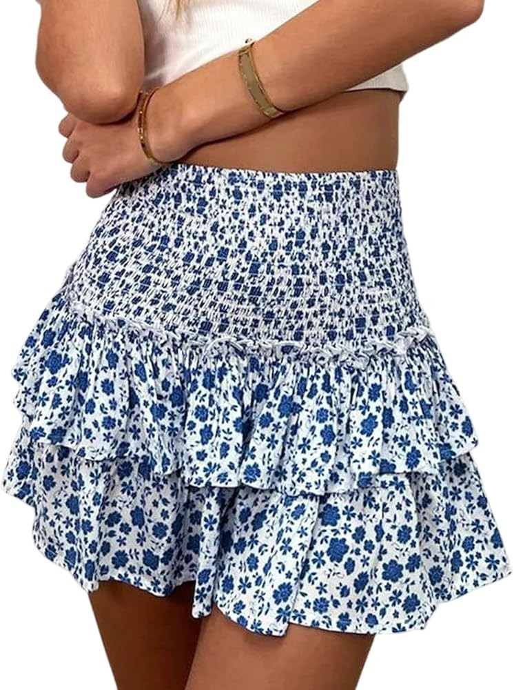 Yimoon Women's Summer High Waist Layered Ruffle Mini Skirt Floral Print Boho Smocked A Line Short... | Amazon (US)