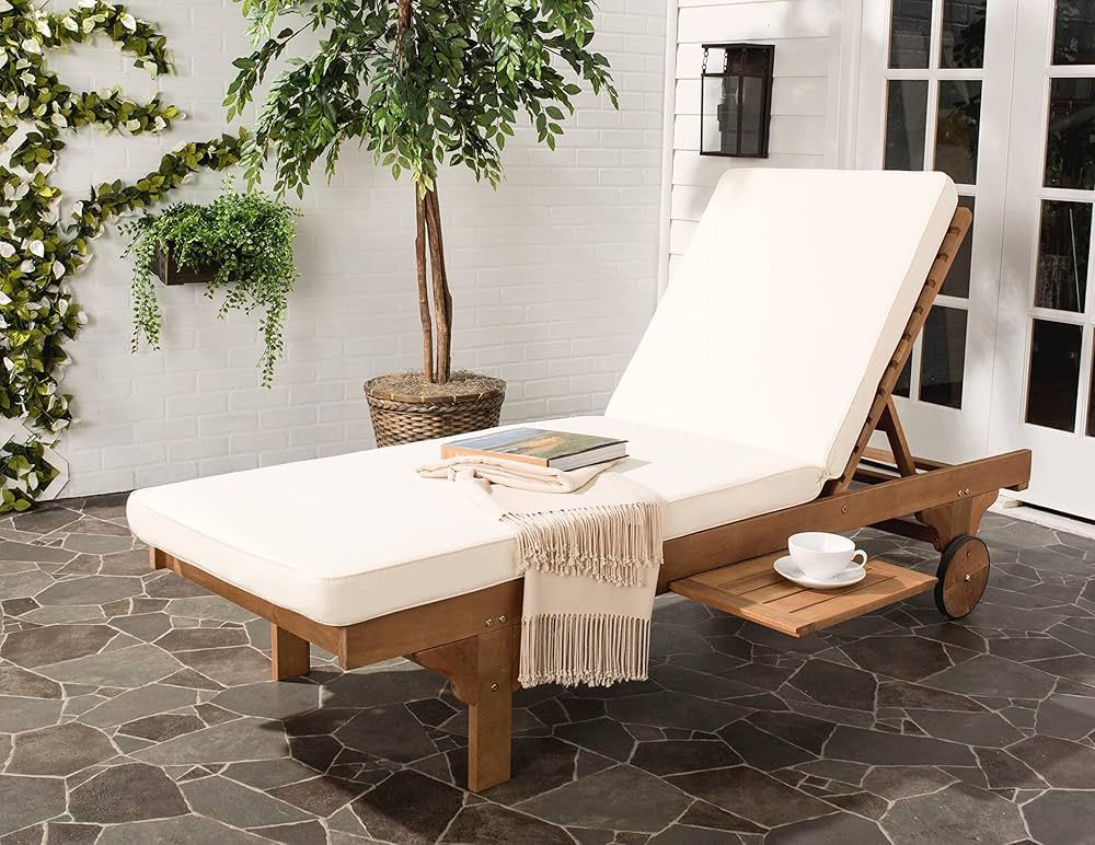 SAFAVIEH Outdoor Collection Newport Natural/ Beige Cushion Built-in Side Table Adjustable Chaise ... | Amazon (US)