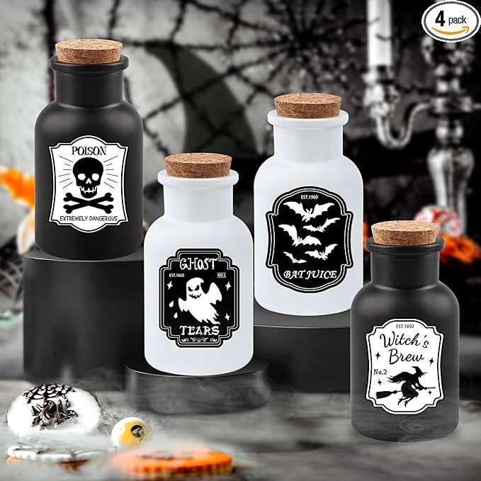 JENFALL 4Pcs Halloween Decor Halloween Decorations indoor Potion Bottles with Stickers Witch Farm... | Amazon (US)
