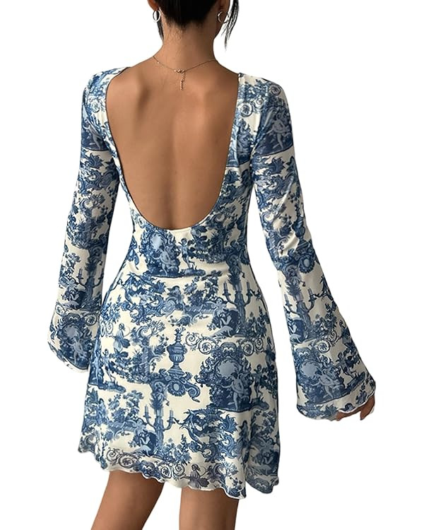 Milumia Women's Printed Long Bell Sleeve Mini Dress Boho Backless Mesh Dress | Amazon (US)