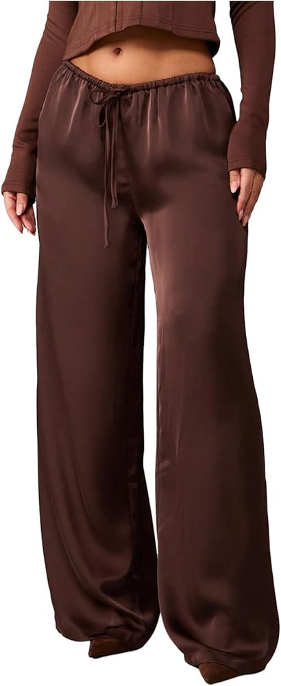 MakeMeChic Women's Summer Satin Pants Low Rise Drawstring Waist Straight Leg Trousers | Amazon (US)