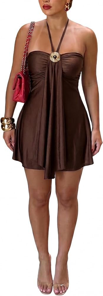 Women's Satin Halter Mini Dress Backless Ruched Bust Flowy A Line Sundress for Summer Cocktail Pa... | Amazon (US)