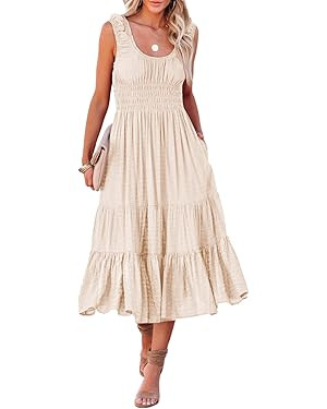 AlvaQ Women Summer Dresses Sleeveless Smocked Midi Dress High Waist Casual Tiered A Line Sundress... | Amazon (US)