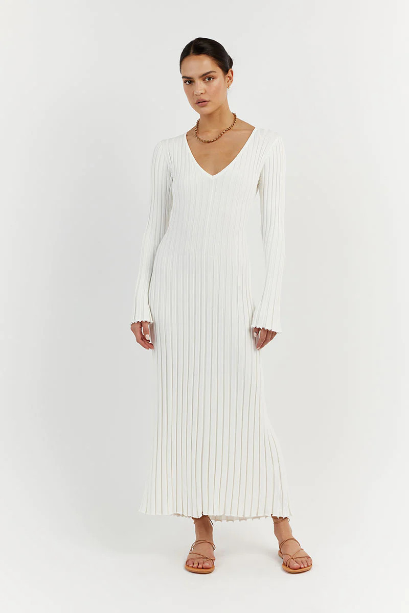 REIGN WHITE SLEEVED KNIT MIDI DRESS | DISSH