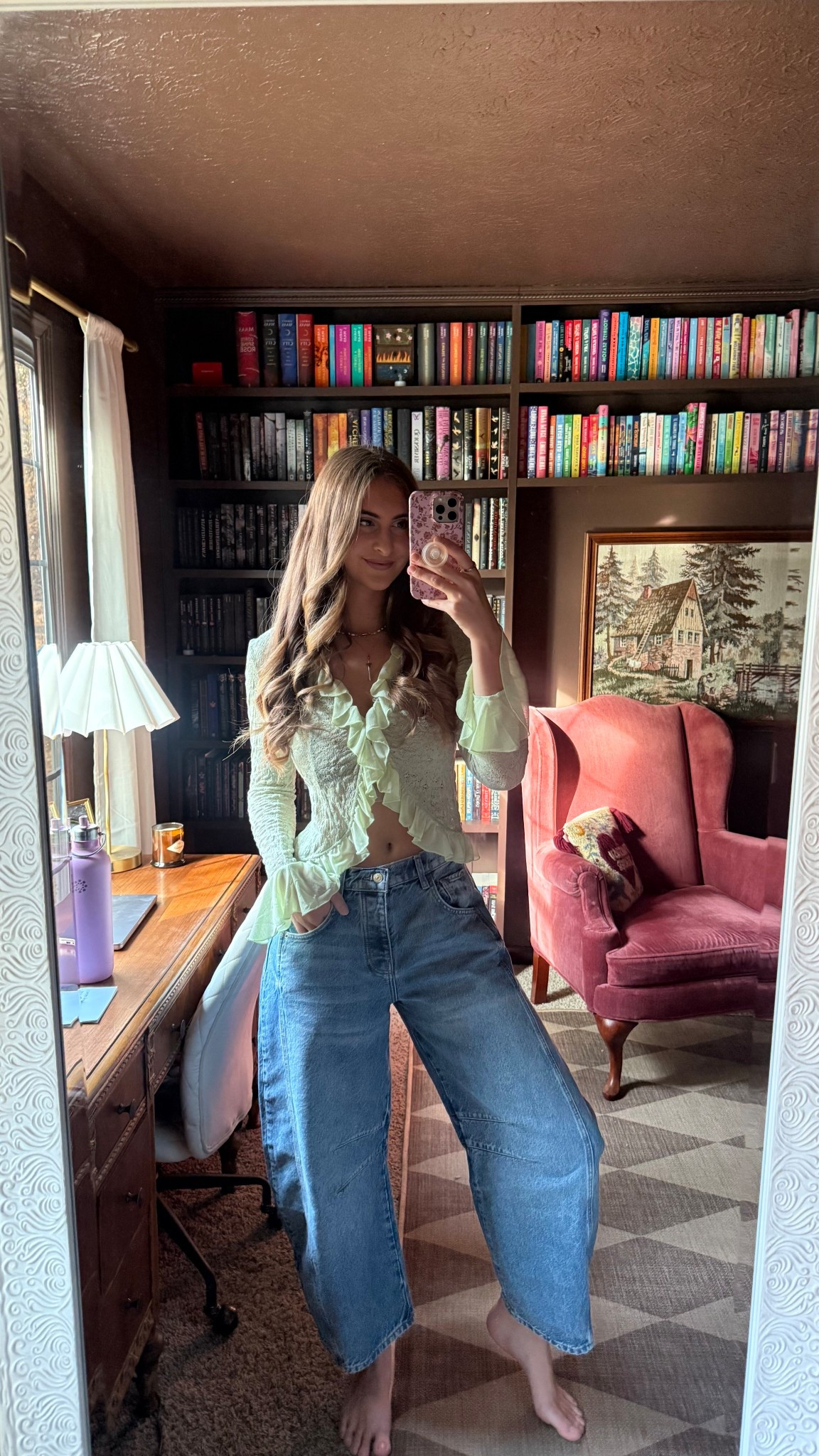 Urban outfitters ruffle top size small and Free people barrel jeans in 26 (I sized down a size)